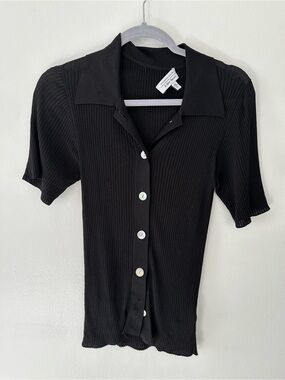 & Other Stories Black Ribbed Short-Sleeve Button-Down Polo